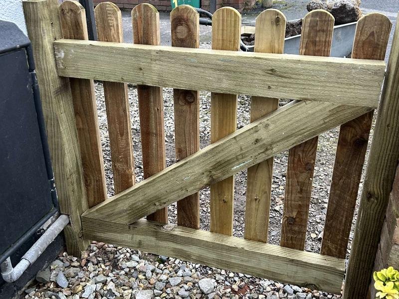 New timber picket gate replacing rotten gates in Rhosddu, Wrexham