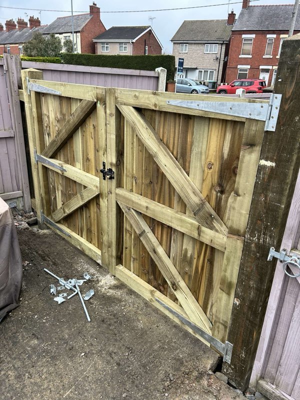 New timber picket gate replacing rotten gates in Rhosddu, Wrexham