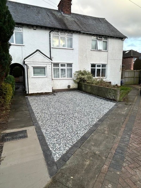 Front garden landscaped with decorative Black Ice gravel in Wrexham