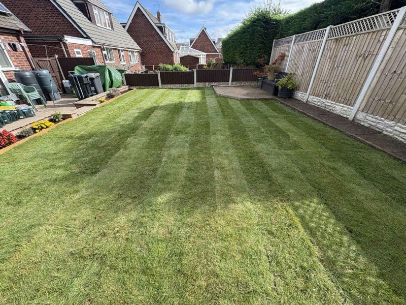Freshly laid striped turf lawn after a full drainage fix in Marchwiel, Wrexham